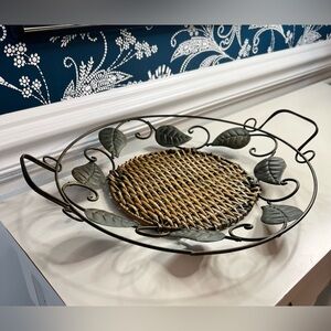 Metal Tray with Leaf Design and Woven Wicker Bottom